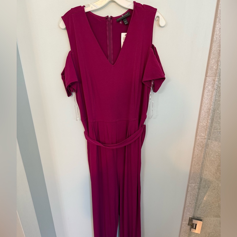Lane Bryant Magenta Cold-Shoulder V-Neck Tie-Waist Jumpsuit with Pockets